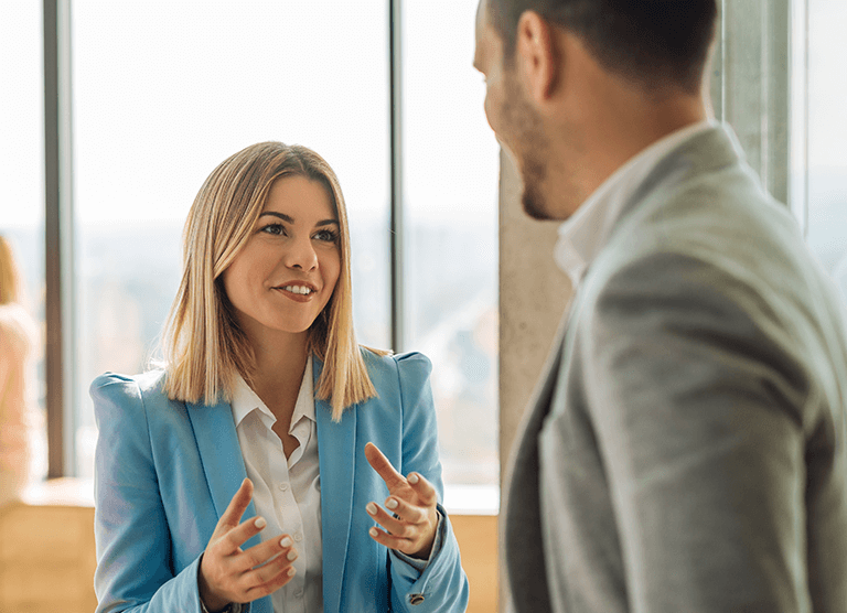 Woman and man talking